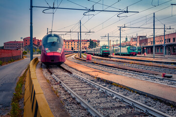 Fototapeta premium Modern trains on Station in Venice. Early morning spring in Italy, Europe. Traveling concept background.