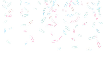 Paper clips are scattered on a white background. Decorative element. Background for design, school and office supplies