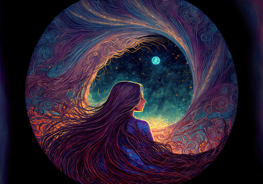 Fototapeta She who is herself, self-centered and beautiful woman in peace with herself and the universe, mandala of the soul, beautiful illustration, meditation, spirituality, esoteric, generative AI