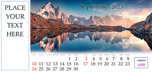 September 2023. Desktop monthly calendar template with place logo and contact information. Set of calendars with amazing landscapes. Fantastic autumn view of Mount Blank peak, Chamonix, France, Europe