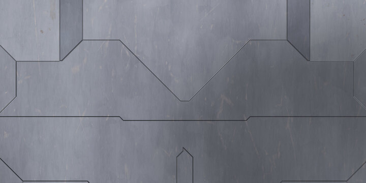 Futuristic conceptual design background. Spaceship texture wallpaper. Brushed technology pattern surface. 3D illustration. Symmetrical SciFi panels wall.