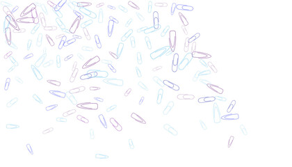 Paper clips are scattered on a white background. Decorative element. Background for design, school and office supplies