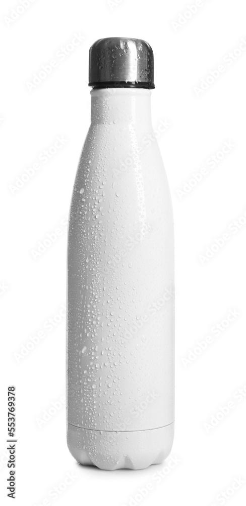 Sticker Stylish closed thermo bottle with water drops isolated on white