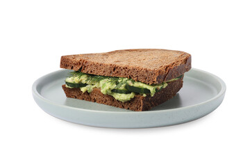 Tasty sandwich with cucumber, cream cheese and dill isolated on white
