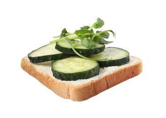 Tasty toast with cucumber, butter and microgreens isolated on white