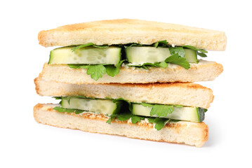 Tasty sandwiches with cucumber and parsley on white background