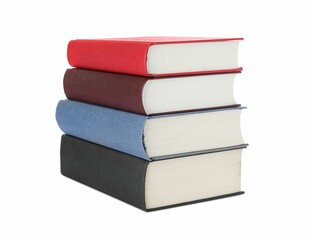 Many different books stacked on white background