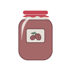 Closed jar with plum or peach jam vector illustration. Glass jar isolated on white background. Kitchen utensils concept