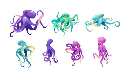 Octopuses set cartoon vector illustration. Sea cute animal