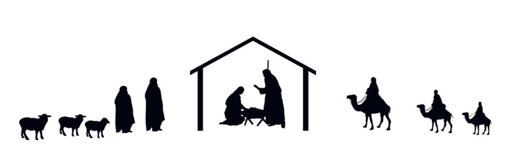 Christmas nativity scene. Jesus, shepherds and wise men. Vector graphics