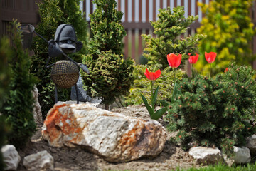Beautiful blooming red tulips in the garden.