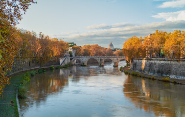 Rome (Italy) - The Tiber river and the monumental Lungotevere street in the metropolitan capital of...