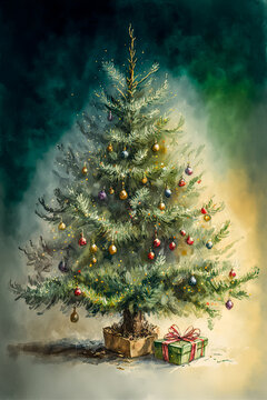 Watercolor painting of a Christmas tree, decorated, presents. Generative AI