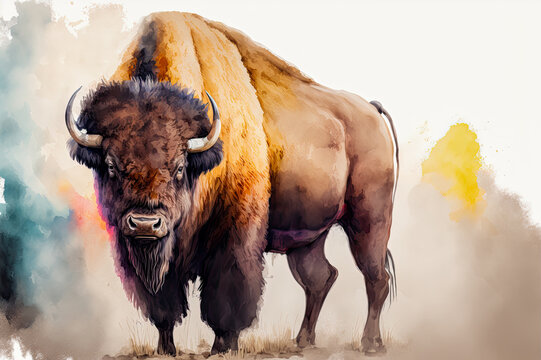 Watercolor painting of a bison. Generative AI