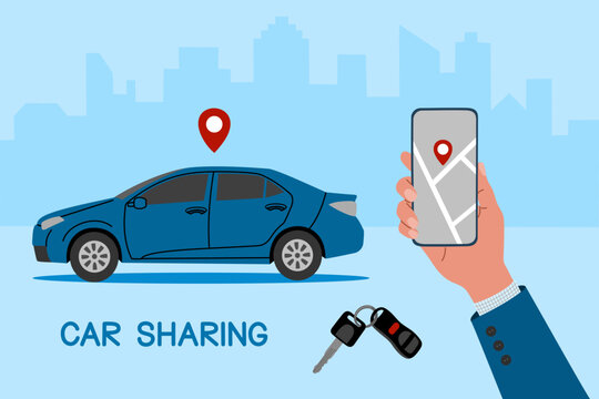 Car sharing or car rental service concept. Hand holds smartphone with route and point location on a city map, blue modern car and car keys. Flat vector illustration isolated on blue background.