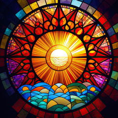 Stained glass window of the sun. Generative AI