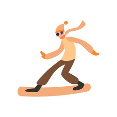 Boy in yellow suit skateboarding or snowboarding illustration. Happy kid in colorful sports suit doing physical activity flat vector illustration on white background. Winter sports concept