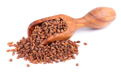 Buckwheat tea in wooden spoon, isolated on white background. Whole roasted buckwheat grains. Fagopyrum tataricum.