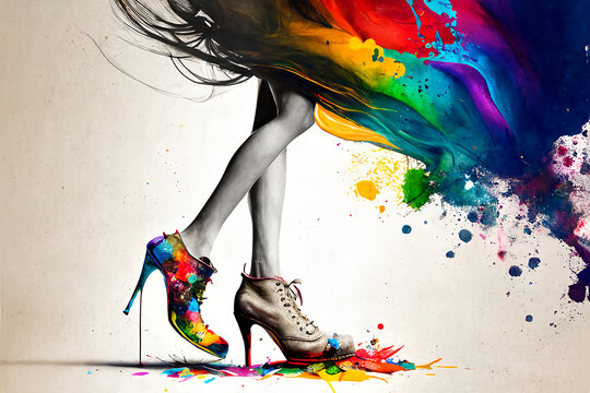 Abstract of woman looking at a rainbow painted shoe. Generative AI, this image is not based on any original image, character or person.