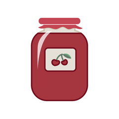 Closed jar with cherry jam vector illustration. Glass jar isolated on white background. Kitchen utensils concept