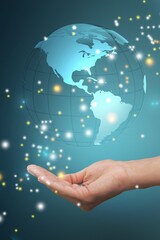 Human hold a hologram of earth globe