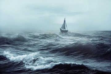 boat in stormy sea - obrazy, fototapety, plakaty