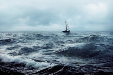 boat in stormy sea - obrazy, fototapety, plakaty
