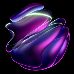 Fototapeta na wymiar 3d render of abstract art of surreal 3d ball or sphere in curve wavy round and spherical lines forms in transparent plastic material with glowing purple blue and pink color core on black background
