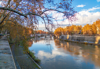 Rome (Italy) - The Tiber river and the monumental Lungotevere street in the metropolitan capital of...