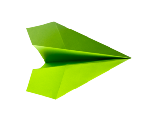 Green paper plane origami isolated on a white background