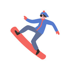Boy in blue suit skateboarding or snowboarding. Happy kid in colorful sports suit doing physical activity flat vector illustration on white background. Winter sports concept