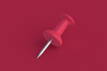 Push pin of magenta on red background. Color of the year 2023. 3d render