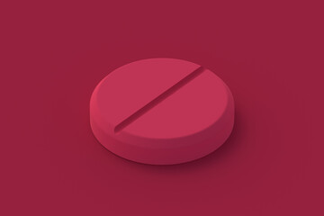 Pill of magenta on red background. Color of the year 2023. 3d render