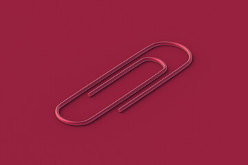 Paper clips of magenta on red background. Color of the year 2023. 3d render