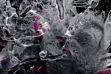 3d render of surreal 3d background with fantasy water liquid splash with small dust sand balls particles inside in metal material in grey chrome and purple mix color