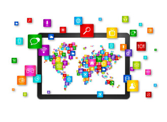 World map made of icons on digital Tablet PC. Cloud computing concept