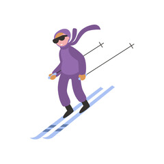 Boy in purple suit skiing vector illustration. Happy kid in colorful sports suit doing physical activity flat vector illustration on white background. Winter sports concept