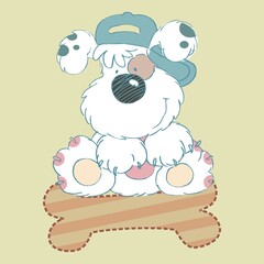 Puppy wearing a cap sitting on a giant bone, print for children's clothing, illustration, creation, graphic design for baby fashion