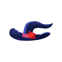 Blue witch hat with rose cartoon illustration. Halloween carnival headdress or costume element, magician, wizard, sorcerer hat. Holiday, party, masquerade, witchcraft, fantasy concept