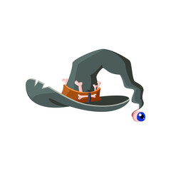 Creepy witch hat with eye and bones cartoon illustration. Halloween carnival headdress or costume element, magician, wizard, sorcerer hat. Holiday, party, masquerade, witchcraft, fantasy concept