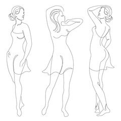 Collection. Girl silhouettes in modern single line style. Women's line art continuous line drawing, decor aesthetic outline, posters, wall art, stickers, logo. Vector illustration set.