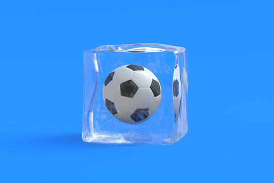 Soccer ball in ice cube. 3d render