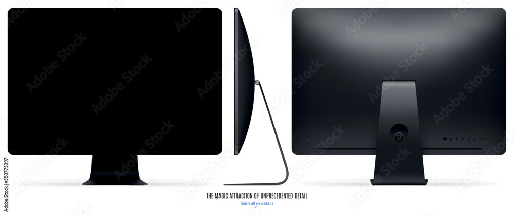 Poster new computer monitor dark gray color with black screen front, back and side view isolated on white b