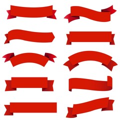 Banner Red Ribbons Set White Background