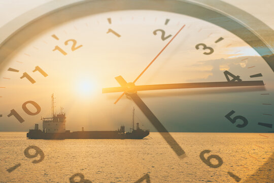 Shipping time transport timing cargo delivery speed times schedule concept. Maritime sea boat overlay with clock.