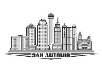Vector illustration of San Antonio, monochrome horizontal poster with linear design famous american city scape, urban line art concept with decorative letters for words san antonio on white background