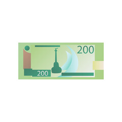 Two hundred rubles banknote, cash money of Russia. Vector illustration of paper currency and banknote. Cartoon design of two hundred Russian rubles isolated on white background. Bank, finance