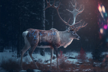 Reindeer in forest glowing lights in a winter scene. Generative Ai