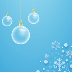 Glass ball Christmas on blue background. Merry Christmas and happy new year with a glass ball and snowflakes Christmas blue background. Christmas and new year background holidays. Vector illustration