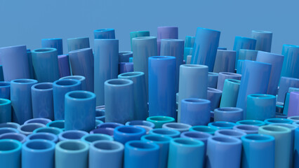 Fototapeta premium Group of blue tubes. Blue background, close-up. Abstract illustration, 3d render.